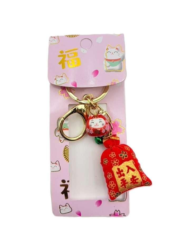 Lucky Cat with Red Pouch – Móc khóa mèo thần tài túi đỏ – maneki neko charm – prosperity cat – fortune bag keychain – feng shui luck charm – ceramic cat keyring