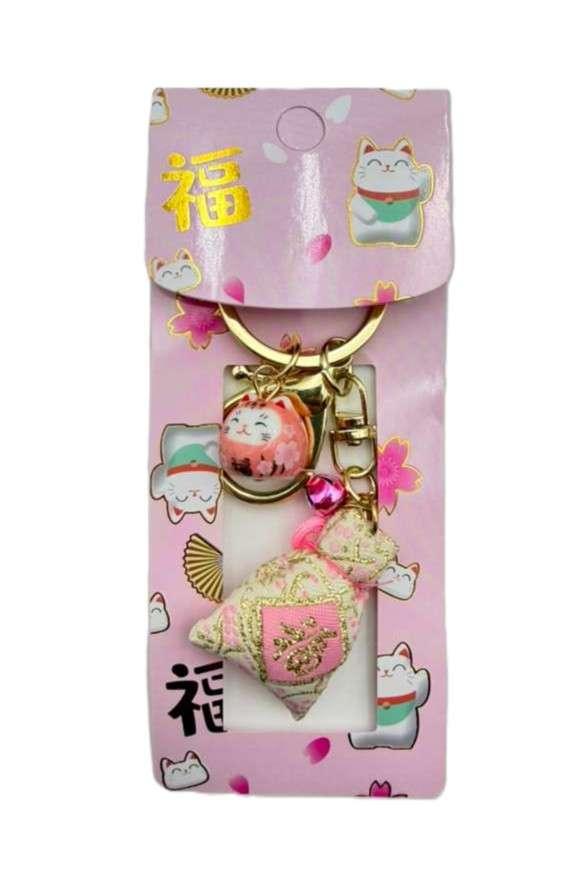 Lucky Cat with Red Pouch – Móc khóa mèo thần tài túi đỏ – maneki neko charm – prosperity cat – fortune bag keychain – feng shui luck charm – ceramic cat keyring