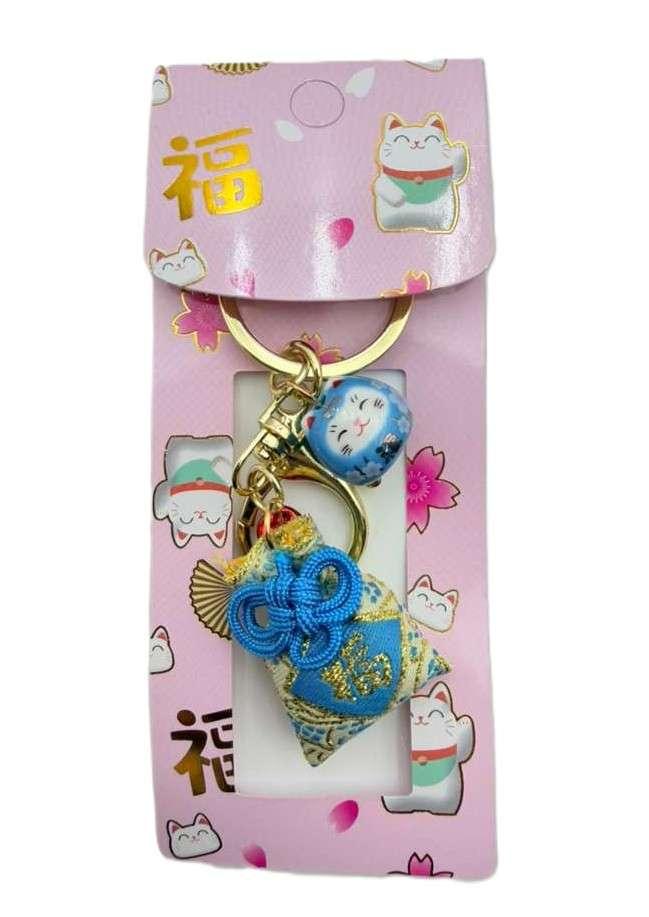 Lucky Cat with Red Pouch – Móc khóa mèo thần tài túi đỏ – maneki neko charm – prosperity cat – fortune bag keychain – feng shui luck charm – ceramic cat keyring