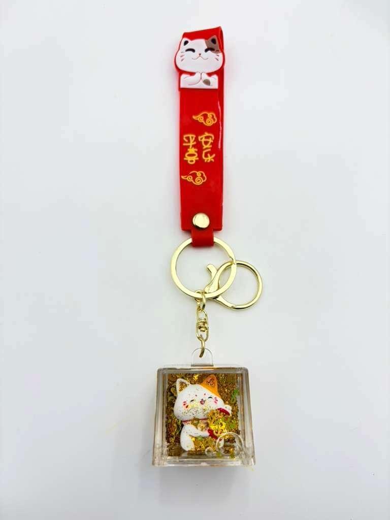 Smiling Lucky Cat Charm – Móc khóa mèo cười pha lê – maneki neko acrylic keychain – fortune cat keyring – cute cat charm – lucky cat in box