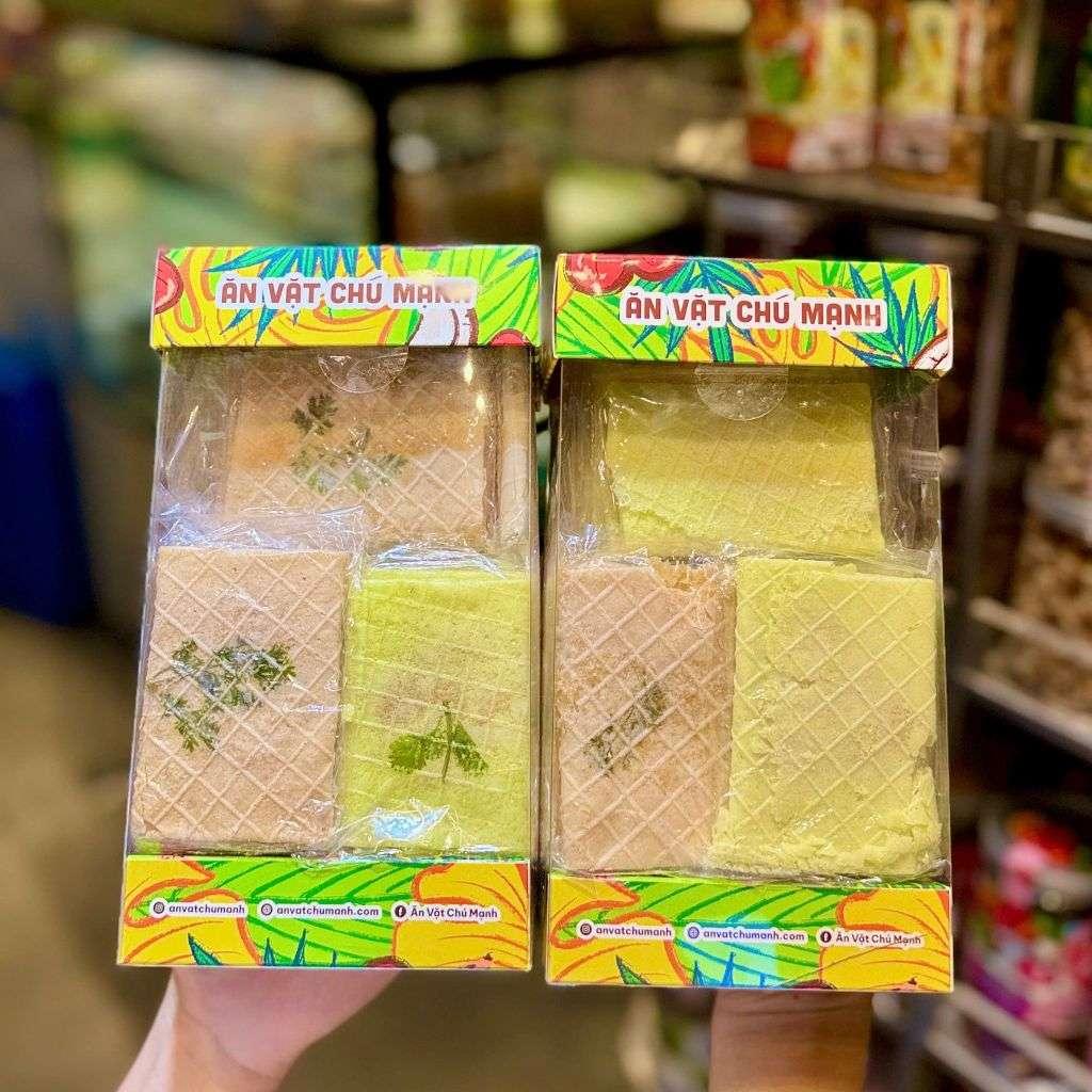 banh kep ngo, cilantro wafer cookies, Vietnamese wafer snack, herbal wafer cookies, Asian crunchy cookies