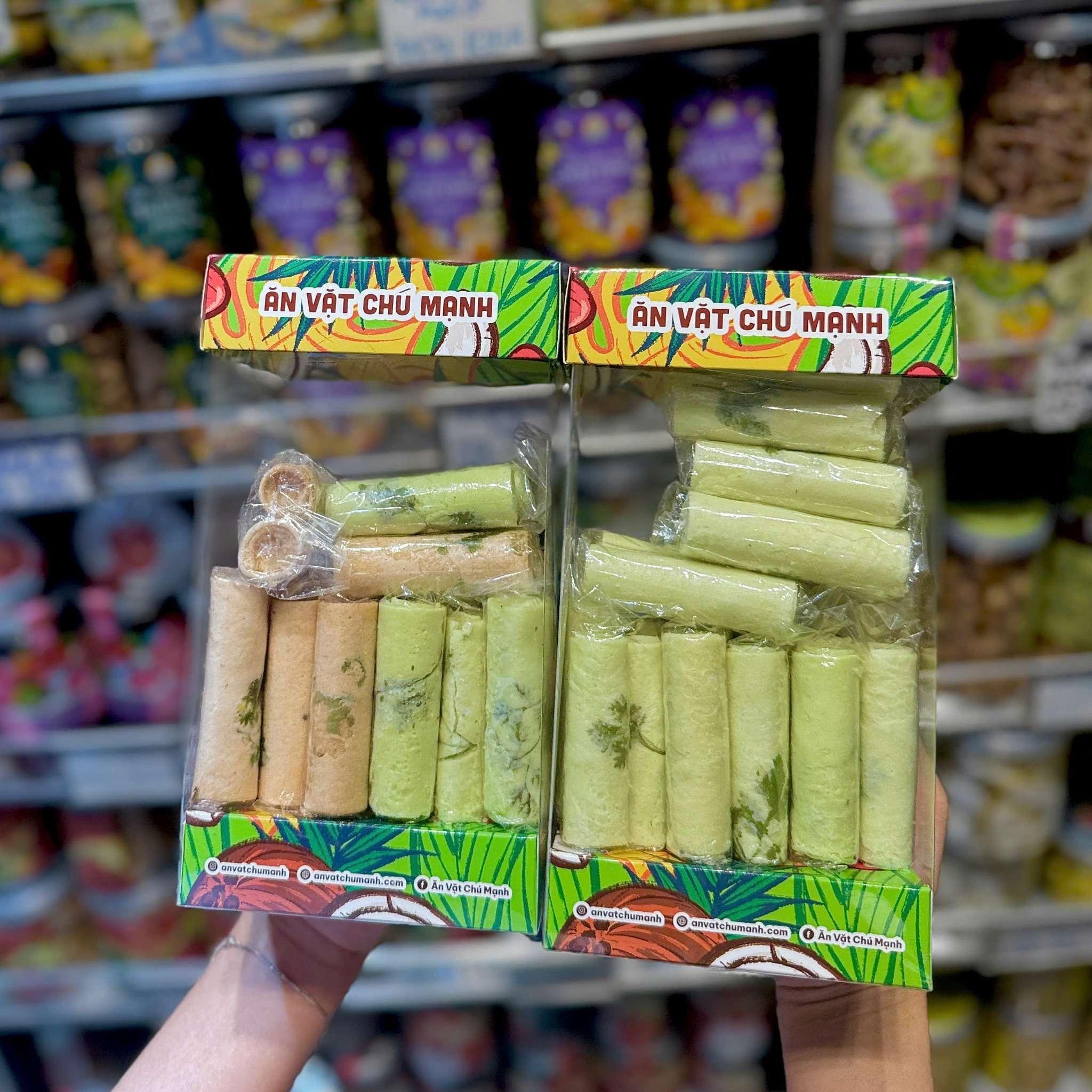 banh ong kem sau rieng, durian wafer rolls, butter cream wafer rolls, Vietnamese wafer snack, durian cookies